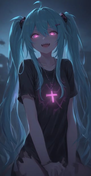 1girl, solo, long hair, looking at viewer, smile, open mouth, bangs, shirt, hair ornament, hair between eyes, twintails, jewelry, very long hair, ahoge, teeth, solo focus, pink eyes, necklace, torn clothes, black shirt, aqua hair, glowing, cross, sharp teeth, glowing eyes, backlighting, hatsune miku