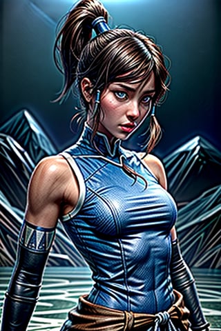 Cinematic, solo, 1girl, korra, (((dark skin))), dark-skinned female, ponytail, hair tubes, sleeveless, bare shoulders, , floating water:1.4), colorful_aura energy_flowing, water_flowing, angry vibe, dynamic pose, upper_body, Epic zenith, fantasy theme, Depth of field, Film Still, pretopasin, abstract, traditional media, casting spell, NightmareFlame, oni style