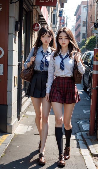 Masterpiece, best quality, official art,full_body , twin sister going to school together, finger detailed, detailed background, dynamic lighting