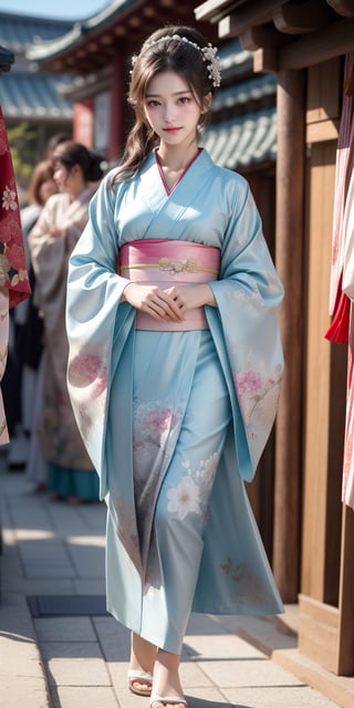 {{Beautiful and detailed eyes},full_body,
Detailed face, detailed eyes, slender face, real hands, cute Korean girlfriend 17 year old girl, perfect model body, looking at camera, sad smile, dynamic pose, furisode, kimono, shrine, hatsumode , medium breasts, cosmetics advertising model, her one girl is walking,Realism