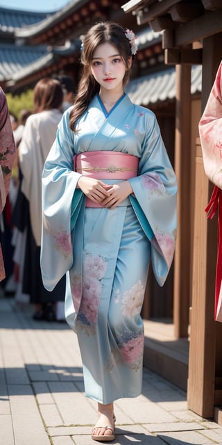 {{Beautiful and detailed eyes},full_body,
Detailed face, detailed eyes, slender face, real hands, cute Korean girlfriend 17 year old girl, perfect model body, looking at camera, sad smile, dynamic pose, furisode, kimono, shrine, hatsumode , medium breasts, cosmetics advertising model, her one girl is walking,Realism