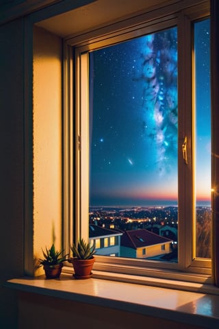 in the evening. stars and planets are visible through the window,night cityanalog photography, professional shooting, hyperrealistic, masterpiece, trend,krrrsty