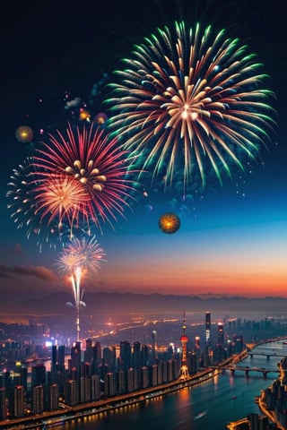 in the evening. 
Chinese New Year,
Brilliant fireworks,stars and planets are visible,night cityanalog photography, professional shooting, hyperrealistic, masterpiece, trend,krrrsty