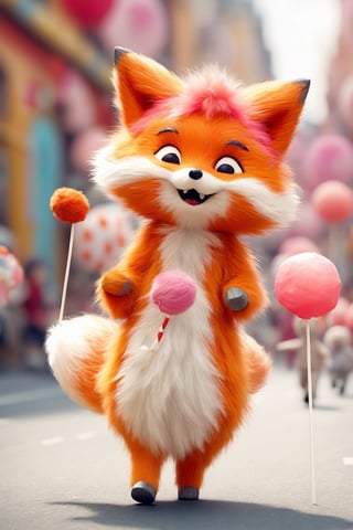 Cute Animals - A cute fluffy fox dressed as a child in a festival running on a street with a large lollipop. Its body is round and soft, with tiny paws and a small, cute face with big, shiny eyes and rosy cheeks. It has a happy face