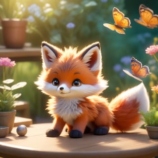 a small tabby fox in the table,(Masterpiece, Best Quality, Ultra-Detailed, 8K), Cinematic Lighting, Midway.,The fox's fur should be realistic and look soft, and there are butterflies flying beside it.This scene will be realized as an illustration, using digital art techniques to emphasize the complex details and vibrant colors of the garden.