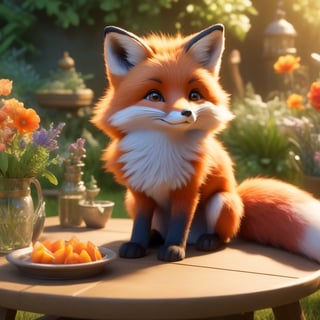a fox in the table,(Masterpiece, Best Quality, Ultra-Detailed, 8K), Cinematic Lighting, Midway.,The fox's fur should be realistic and look soft.This scene will be realized as an illustration, using digital art techniques to emphasize the complex details and vibrant colors of the garden.