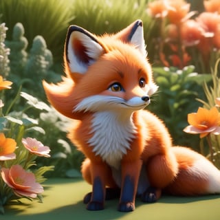 a fox ,(Masterpiece, Best Quality, Ultra-Detailed, 8K), Cinematic Lighting, Midway.,The fox's fur should be realistic and look soft.This scene will be realized as an illustration, using digital art techniques to emphasize the complex details and vibrant colors of the garden.