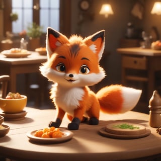 a small tabby fox in the table(Masterpiece, Best Quality, Ultra-Detailed, 8K), Cinematic Lighting, Midway.,Xxmix_Catecat,JPkitchen
