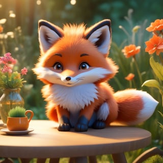 a small  fox in the table,(Masterpiece, Best Quality, Ultra-Detailed, 8K), Cinematic Lighting, Midway.,The fox's fur should be realistic and look soft.This scene will be realized as an illustration, using digital art techniques to emphasize the complex details and vibrant colors of the garden.