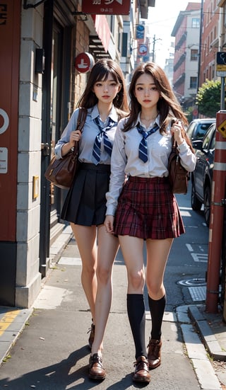 Masterpiece, best quality, official art,full_body , twin sister going to school together, finger detailed, detailed background, dynamic lighting
