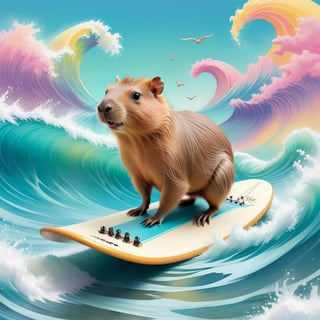 Pastel color palette, in dreamy soft pastel hues, pastelcore, pop surrealism poster illustration ||  A Majestic and trained capybara surfing on a surfboard on The Great Wave off Kanagawa While playing electric guitar  || bright hazy pastel colors, whimsical, impossible dream, pastelpunk aesthetic fantasycore art, beautiful soft pastel colors