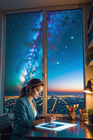 A retoucher woman is doing photoshop in the office in the evening. stars and planets are visible through the window,night cityanalog photography, professional shooting, hyperrealistic, masterpiece, trend,krrrsty