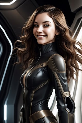 futuristic, Caucasian woman brown wavy hair, detailed face, standing in spaceship next to panoramic window, smiling, tight black mecha suit, photorealistic, wide angle, full body image, sideview, head_to_toe, full body, weapons in background 