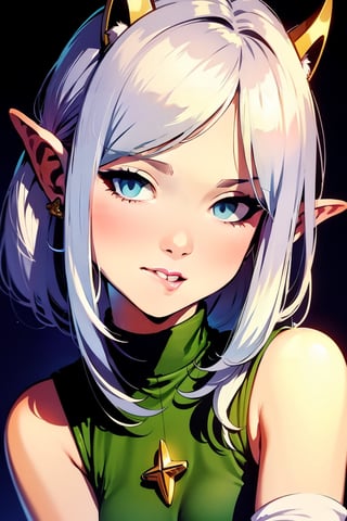 1 girl, elf, silver hair, short cut, (long ears: 1.3) (beautiful and aesthetic: 1.3), star-shaped eyes, green glow, Irish costume, BREAK, big smile, BREAK, highest quality, details, clover, photorealistic, mature,
celts