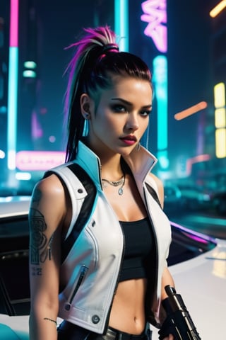 futuristic cyberpunk, young woman, white vest, short coat Sleeveless, Cyber punk theme, facing foward, leaning on cyberpunk car engine hood, holding sniper rifle, cybernetic implants, tattoos,  neon colors, hair in pony tail, military boots, cyber punk, neon signs, night at the neon futuristic city, Movie Still, Film Still, Cinematic, Cinematic Shot, Cinematic Lighting, wide angle, photorealistic, full body
