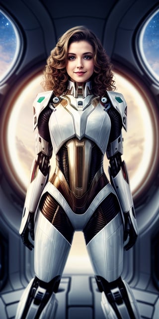 futuristic, woman brown wavy hair, standing in spaceship next to panoramic window, smiling, playing with hair, wearing white mecha armour, photorealistic, stomach, mecha, posing