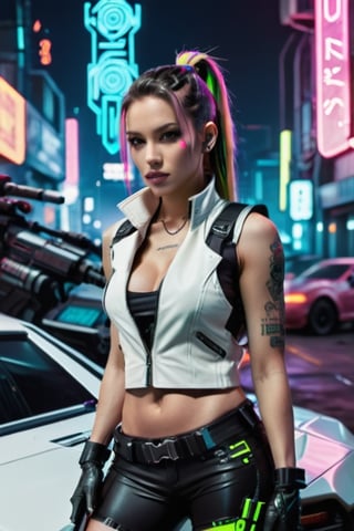 futuristic cyberpunk, woman 30 year old, white vest, neon color short coat Sleeveless, Cyber punk theme, facing foward, leaning on cyberpunk car engine hood, holding futuristic sniper rifle, cybernetic implants, dragon tattoos,  neon colors, hair in pony tail, military boots, cyber punk, neon signs, night at the neon futuristic city, Movie Still, Film Still, Cinematic Shot, Cinematic Lighting, wide angle, photorealistic, full body, wide angle 