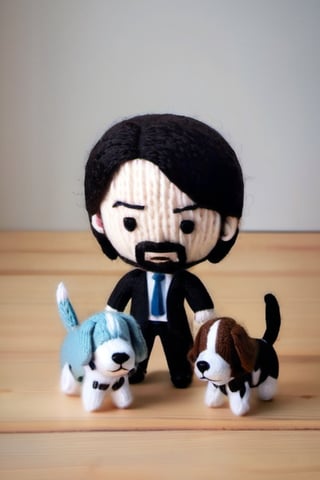 A knitted wool model of John Wick and his dogs. Big head, cartoonish, cute, original colors, wielding knitted pistols.