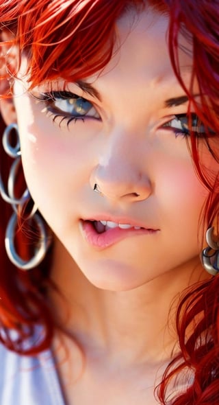 1girl, solo, looking at viewer, jewelry, red hair, blue eyes, earrings, , ear piercing, realistic,  lip piercing, hazy background 