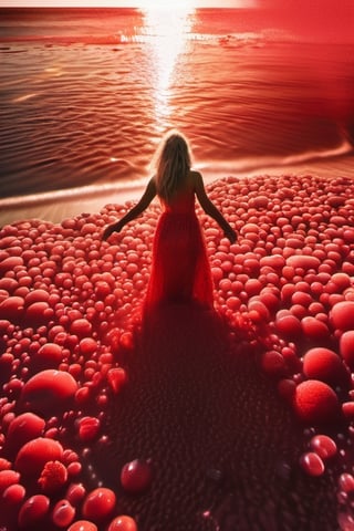 a blond woman on beach, water is red, covered in only dense layer small tiny red bubbles and foam, lots of red foam, bubbles covering whole body forming a long floaty light dress made of red foam all the way down to water, no swimsuit,  no fabric, the woman standing facing the water and giving the impression that the bottom of the bubbles is united with the water. there are water splash effects and beach background and sea with clear blue sky, full body, hourglass waist 