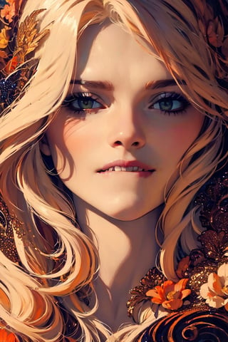 1woman, portrait, mature female,sparkling beautiful eyes, blonde hair, flowers, elaborate scene style, glitter, orange, realistic style, 8k,exposure blend, medium shot, bokeh, (hdr:1.4), high contrast, (cinematic, dark orange and white film), (muted colors, dim colors, soothing tones:1.3), low saturation, (hyperdetailed:1.2), perfect hands, perfect fingers, photorealistic, cinematic and dramatic back lighting.  Alfons Mucha style, ,greek clothes,BJ_Oil_painting,centralasia,perfect light, biting lip, happy 