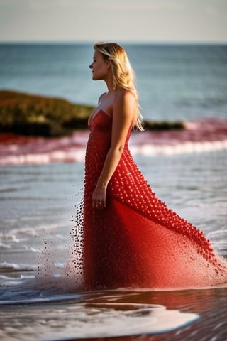 a blond woman on beach, water is red, covered in only dense layer small tiny red bubbles and foam, lots of red foam, bubbles covering whole body forming a long floaty light dress made of red foam all the way down to water, no swimsuit,  no fabric, the woman standing facing the water and giving the impression that the bottom of the bubbles is united with the water. beach background and sea, full body, hourglass waist 