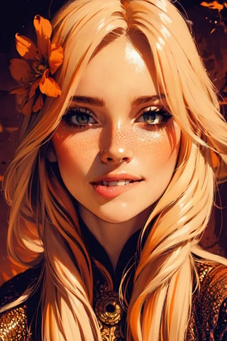 1woman, portrait, mature female,sparkling beautiful eyes, blonde hair, flowers, elaborate scene style, glitter, orange, realistic style, 8k,exposure blend, medium shot, bokeh, (hdr:1.4), high contrast, (cinematic, dark orange and white film), (muted colors, dim colors, soothing tones:1.3), low saturation, (hyperdetailed:1.2), perfect hands, perfect fingers, photorealistic, cinematic and dramatic back lighting.  Alfons Mucha style, ,greek clothes,BJ_Oil_painting,centralasia,perfect light, biting lip, happy 