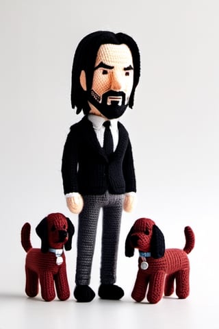 A knitted wool model of John Wick and his dogs. Big head, cartoonish, cute, original colors, ((knitted pistols)).