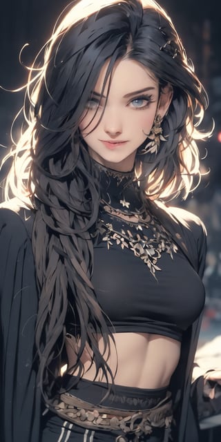 4k,best quality,masterpiece,20yo 1girl,(black suit and pants, alluring smile, head ornaments 

(Beautiful and detailed eyes),
Detailed face, detailed eyes, double eyelids ,thin face, real hands, muscular fit body, semi visible abs, ((short hair with long locks:1.2)), black hair, black background,


real person, color splash style photo,
