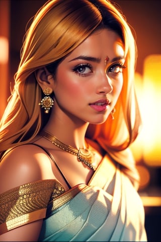 An incredibly beautiful young femme fatale is a golden-haired blonde with two bunches on her head and two long tails, blue-eyed, dressed in a traditional white saree. Masterpiece, perfect image, realistic shots, detailed study of the face, full-length image, 8k, detailed image. extremely detailed illustration, a real masterpiece of the highest quality, with careful drawing. ,sailor moon,indian,serena tsukino,Indian dress,sari,aausagi,Saree,saree