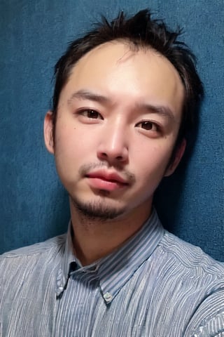 1boy, solo, looking at viewer, indigo blue background, shirt, brown eyes, upper body, lips, portrait, (thin hair), wide forehead, little bald, short hair, rnhg,