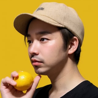 solo, simple background, brown hair, 1boy, hat, jewelry, upper body, male focus, food, fruit, ring, yellow background, realistic, what, lemon