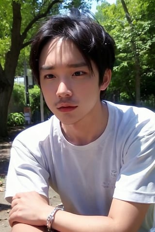 solo, looking at viewer, shirt, black hair, 1boy, jewelry, white shirt, upper body, short sleeves, male focus, outdoors, day, black eyes, bracelet, tree, realistic, bead bracelet, photo background