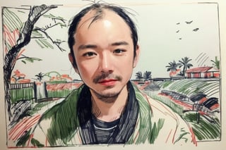 solo, looking at viewer, black hair, 1boy, closed mouth, upper body, male focus, japanese clothes, tree, leaf, traditional media, facing viewer, realistic, rnhg ,sketch art,watercolor,rha30,fujimotostyle, (Thinning hair baldness)