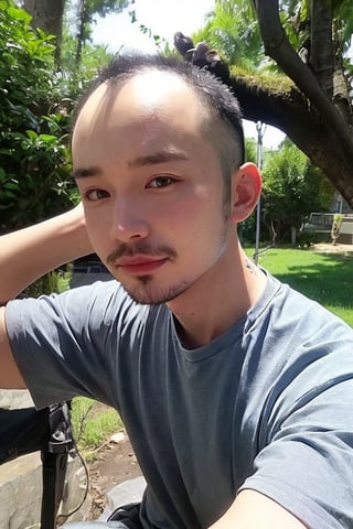 solo, looking at viewer, shirt, black hair, 1boy, jewelry, white shirt, upper body, short sleeves, male focus, outdoors, day, black eyes, bracelet, tree, realistic, bead bracelet, photo background, Thinning hair baldness