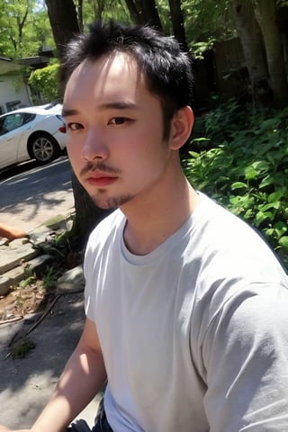 solo, looking at viewer, shirt, black hair, 1boy, jewelry, white shirt, upper body, short sleeves, male focus, outdoors, day, black eyes, bracelet, tree, realistic, bead bracelet, photo background, Thinning hair baldness