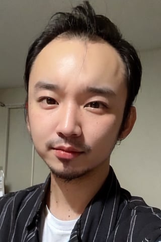 1boy, solo, looking at viewer, simple background, shirt, brown eyes, upper body, lips, portrait, (thin hair), wide forehead, little bald, short hair, rnhg,