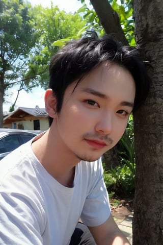 solo, looking at viewer, shirt, black hair, 1boy, jewelry, white shirt, upper body, short sleeves, male focus, outdoors, day, black eyes, bracelet, tree, realistic, bead bracelet, photo background