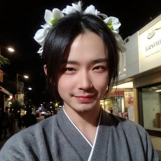 4k,best quality,masterpiece,20yo 1boy,(traditional Japanese costume, alluring smile, head ornaments 

(Beautiful and detailed eyes),
Detailed face, detailed eyes, double eyelids ,thin face, real hands, muscular fit body, semi visible abs, ((short hair locks:1.2)), black hair, black background,


real person, color splash style photo,
