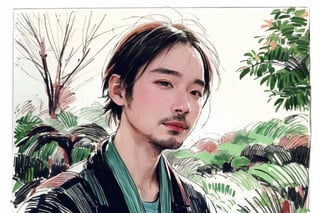 solo, looking at viewer, black hair, 1boy, closed mouth, upper body, male focus, japanese clothes, tree, leaf, traditional media, facing viewer, realistic, rnhg ,sketch art,watercolor,rha30,fujimotostyle, (Thinning hair baldness)