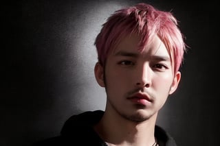 solo, 1boy, Artistic, expressive, portrait, pink hair, male, studio setting, dramatic lighting, chiaroscuro, intense gaze, high contrast, moody