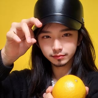 solo, simple background, brown hair, 1boy, hat, jewelry, upper body, male focus, food, fruit, ring, yellow background, realistic, what, lemon