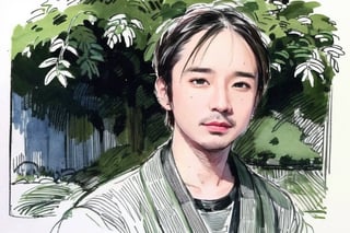 solo, looking at viewer, black hair, 1boy, closed mouth, upper body, male focus, japanese clothes, tree, leaf, traditional media, facing viewer, realistic, rnhg ,sketch art,watercolor,rha30,fujimotostyle, (Thinning hair baldness)