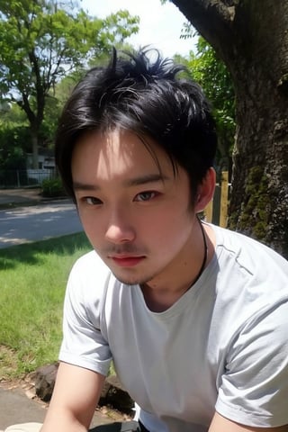 solo, looking at viewer, shirt, black hair, 1boy, jewelry, white shirt, upper body, short sleeves, male focus, outdoors, day, black eyes, bracelet, tree, realistic, bead bracelet, photo background, Thinning hair baldness