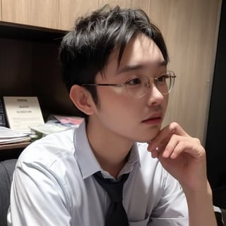 solo, looking at viewer, blonde hair, shirt, black hair, 1boy, closed mouth, white shirt, upper body, male focus, multicolored hair, necktie, glasses, collared shirt, two-tone hair, formal, suit, clenched hand, realistic