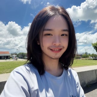 (1boy:1.2), (big smile), beautiful face, Amazing face and eyes, long silky brown hair, wearing white t shirt, delicate, (Best Quality:1.4), (Ultra-detailed), (extremely detailed beautiful face), cute smile, brown eyes, (highly detailed Beautiful face), (summer high school uniform:1.2), (extremely detailed CG unified 8k wallpaper), Highly detailed, High-definition raw color photos, Professional Photography, Realistic portrait, Extremely high resolution, smiling, (Clouds all over the sky, cloudy sky, lots of clouds:1.5), (cloudy day:1.5), half figure