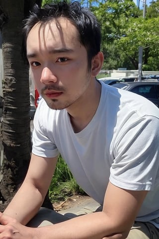 solo, looking at viewer, shirt, black hair, 1boy, jewelry, white shirt, upper body, short sleeves, male focus, outdoors, day, black eyes, bracelet, tree, realistic, bead bracelet, photo background, Thinning hair baldness