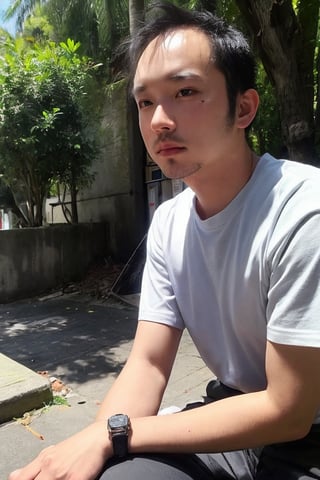 solo, looking at viewer, shirt, black hair, 1boy, jewelry, white shirt, upper body, short sleeves, male focus, outdoors, day, black eyes, bracelet, tree, realistic, bead bracelet, photo background, Thinning hair baldness