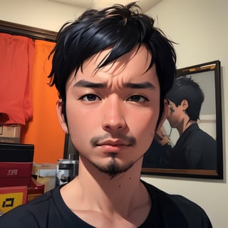 solo, looking at viewer, shirt, colorful hair, 1boy, closed mouth, shirt, male focus, indoors, black eyes, facial hair, portrait, realistic ,Sexy Toon,masterpiece,highres