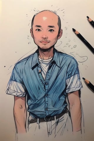 1boy, solo, looking at viewer, simple background, shirt, brown eyes, upper body, lips, portrait, (thin hair), wide forehead, little bald, short hair, rnhg, (Thinning hair baldness) ,(sketch),anime pose,sketch,mysketch,midjourney,cartoon